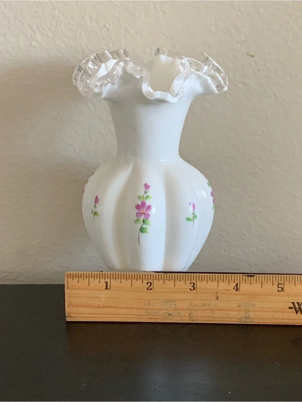 Fenton Silver Crest Milk Glass “Violets in the Snow” Ruffle Edge Melon Vase